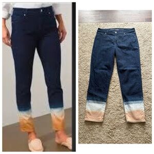 Chico’s Women Sz 10 So Slimming Girlfriend slim leg Ombre Dip Dye hem jeans